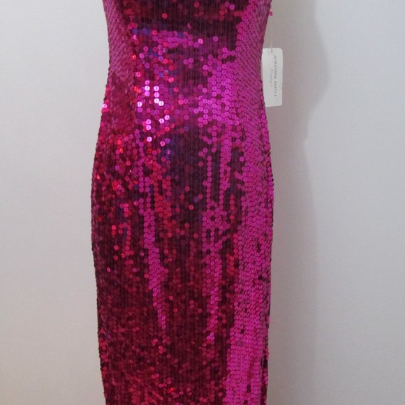 Fuchsia Pink Sequin Evening Halter Dress Shimmering Prom - Picture 3 of 9